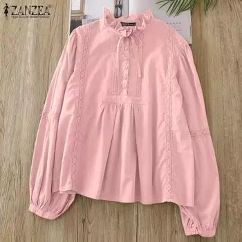 ZANZEA Женская повседневная блузка с круглым вырезом и длинным рукавом в стиле пэчворк M