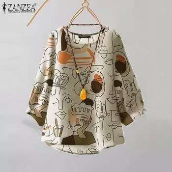 ZANZEA Женская повседневная блузка с круглым вырезом и рукавом 3/4 с принтом S бежевый