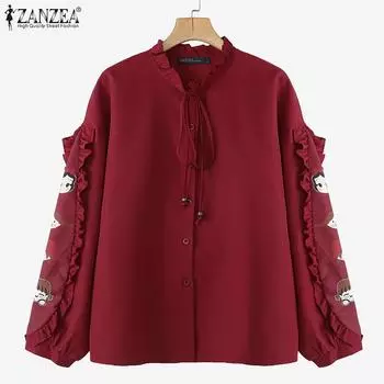 ZANZEA Женская повседневная блузка с круглым вырезом и принтом в стиле пэчворк с длинным рукавом S чёрный