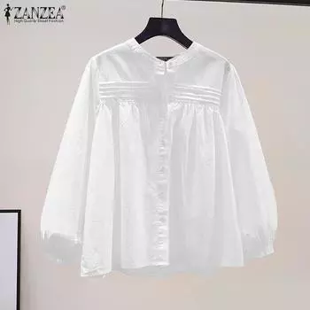 ZANZEA Женская повседневная блузка с круглым вырезом, свободного кроя, с длинным рукавом, однотонная S бежевый