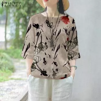 ZANZEA Женская повседневная блузка с круглым вырезом и рукавом 3/4 с принтом S зелёный