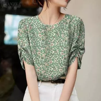 ZANZEA Женская повседневная блузка с круглым вырезом и коротким рукавом с цветочным принтом S синий