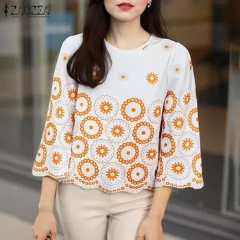 ZANZEA Женская повседневная блузка с круглым вырезом и рукавом 3/4 с цветочным принтом 3XL чёрный