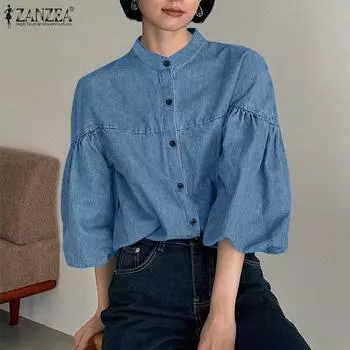 ZANZEA Женская повседневная блузка с круглым вырезом и рукавом 3/4 на пуговицах S синий