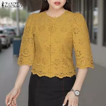 ZANZEA Женская повседневная блузка с круглым вырезом и рукавом 3/4 в стиле пэчворк из кружева S красный