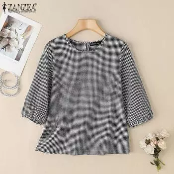 ZANZEA Женская повседневная блузка с круглым вырезом и свободным рукавом 3/4 с сетчатым принтом XL чёрный