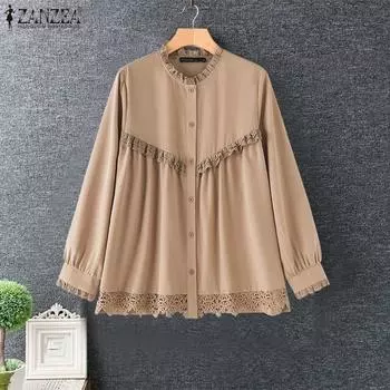 ZANZEA Женская повседневная блузка с круглым вырезом и длинным рукавом в стиле пэчворк из кружева S розовый