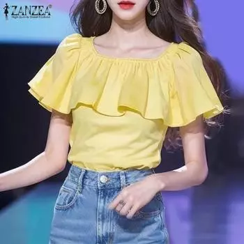ZANZEA Женская повседневная блузка с круглым вырезом и короткими рукавами и оборками L