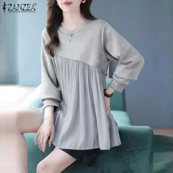 ZANZEA Женская повседневная блузка с круглым вырезом и длинным рукавом в стиле пэчворк 3XL серый