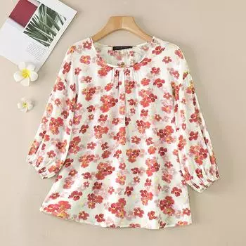 ZANZEA Женская повседневная блузка с круглым вырезом и рукавом 3/4 с цветочным принтом S красный