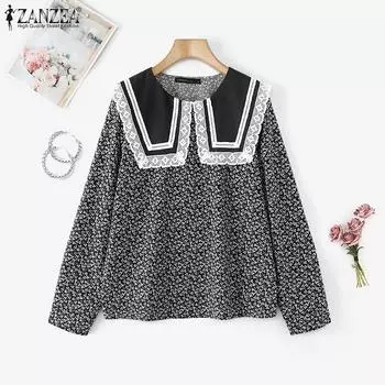 ZANZEA Женская повседневная блузка с круглым вырезом и длинным рукавом с цветочным принтом S чёрный