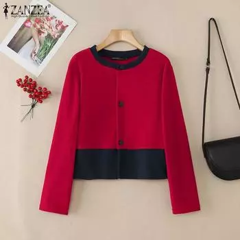 ZANZEA Женская повседневная блузка с круглым вырезом и длинным рукавом в стиле пэчворк, весна S красный