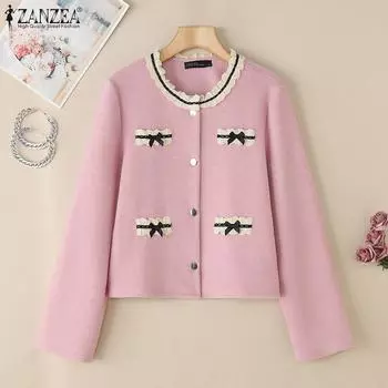 ZANZEA Женская повседневная блузка с круглым вырезом и длинным рукавом в стиле пэчворк S розовый