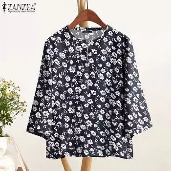 ZANZEA Женская повседневная блузка с круглым вырезом и рукавом 3/4 с цветочным принтом S белый