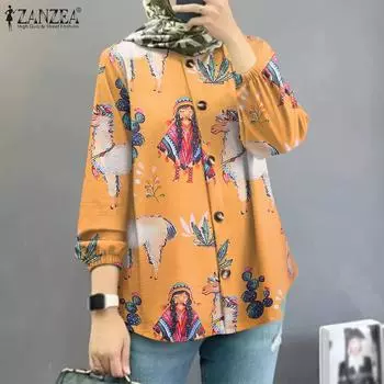 ZANZEA Женская повседневная блузка с круглым вырезом и длинным рукавом с принтом S жёлтый