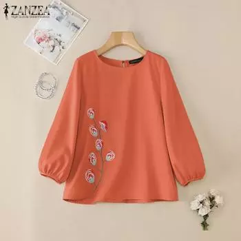 ZANZEA Женская повседневная блузка с круглым вырезом и цветочным принтом, свободная блузка с рукавом 3/4 3XL хаки