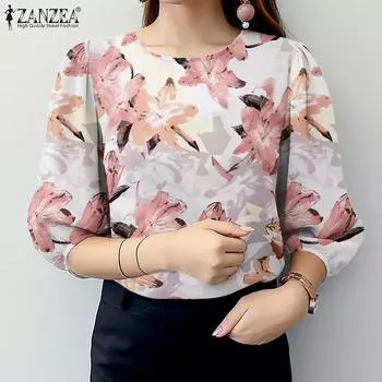 ZANZEA Женская повседневная блузка с круглым вырезом и рукавом 3/4 с цветочным принтом S жёлтый