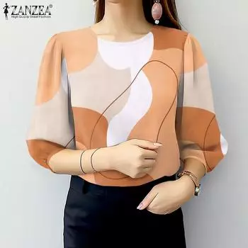 ZANZEA Женская повседневная блузка с круглым вырезом и рукавом 3/4 с принтом S чёрный