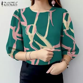 ZANZEA Женская повседневная блузка с круглым вырезом и рукавом 3/4 с принтом S розовый