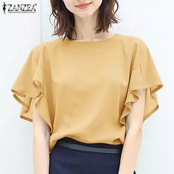 ZANZEA Женская повседневная блузка с круглым вырезом и коротким рукавом, свободная S синий