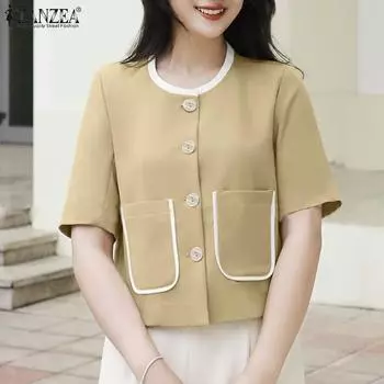 ZANZEA Женская повседневная блузка с круглым вырезом и коротким рукавом на пуговицах S хаки