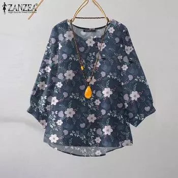 ZANZEA Женская повседневная блузка с круглым вырезом и рукавом 3/4 с цветочным принтом S бежевый