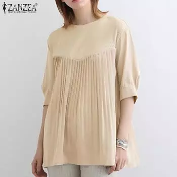 ZANZEA Женская повседневная блузка с круглым вырезом и коротким рукавом в стиле пэчворк S чёрный