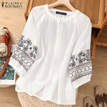 ZANZEA Женская повседневная блузка с круглым вырезом и свободным принтом, рукав 3/4 S белый