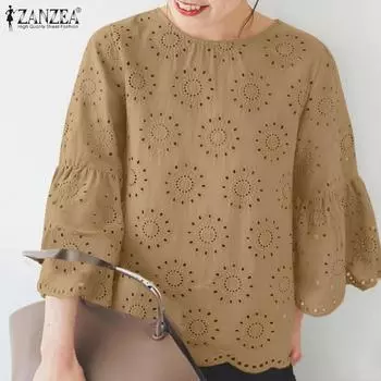 ZANZEA Женская повседневная блузка с круглым вырезом и рукавом 3/4, свободная кружевная блузка в стиле пэчворк S белый