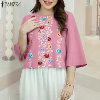 ZANZEA Женская повседневная блузка с круглым вырезом и рукавом 3/4 с цветочным принтом S жёлтый