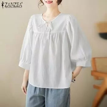 ZANZEA Женская повседневная блузка с круглым вырезом и рукавом 3/4 S белый