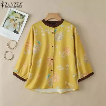 ZANZEA Женская повседневная блузка с круглым вырезом и рукавом 3/4 с цветочным принтом S синий