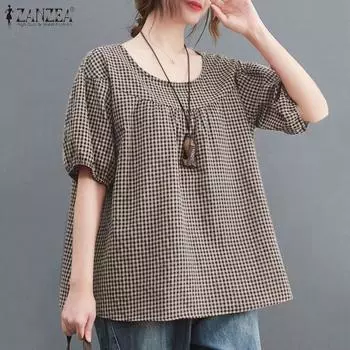 ZANZEA Женская повседневная блузка с круглым вырезом и свободным рукавом 3/4 с сетчатым принтом S коричневый