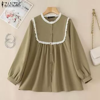 ZANZEA Женская повседневная блузка с круглым вырезом и длинным рукавом в стиле пэчворк из кружева S чёрный