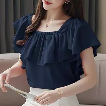 ZANZEA Женская повседневная блузка с квадратным вырезом, летняя, с короткими рукавами и оборками S темно-синий