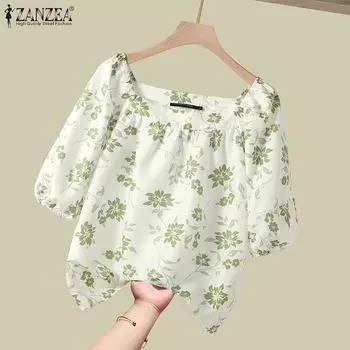 ZANZEA Женская повседневная блузка с квадратным вырезом и коротким рукавом с цветочным принтом S оранжевый