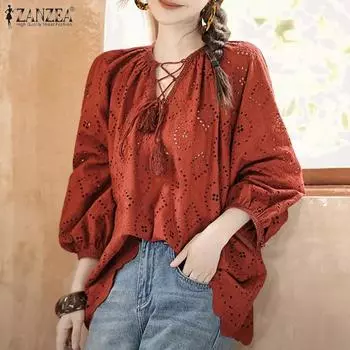 ZANZEA Женская повседневная блузка с открытыми плечами и рукавом 3/4, кружевная вязка крючком S ржавый