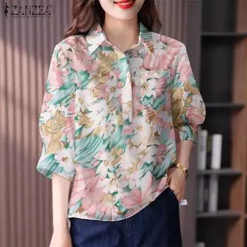ZANZEA Женская повседневная блузка с отложным воротником и рукавами 3/4 с цветочным принтом 5XL розовый