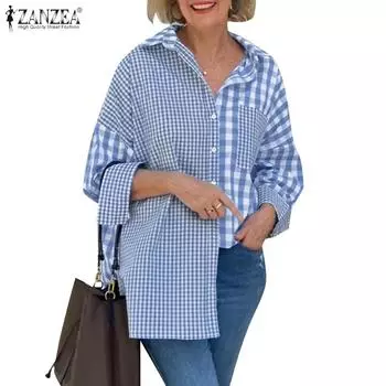ZANZEA Женская повседневная блузка с отложным воротником и длинным рукавом в клетку S темно-синий