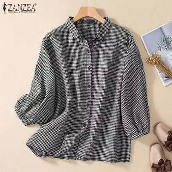 ZANZEA Женская повседневная блузка с отложным воротником и клетчатым принтом и рукавами 3/4 S чёрный