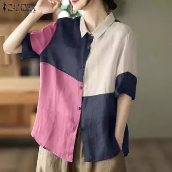 ZANZEA Женская повседневная блузка с отложным воротником и коротким рукавом в стиле пэчворк M жёлтый