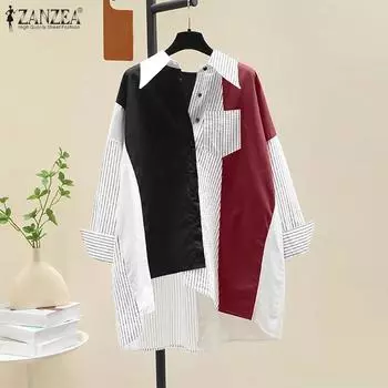 ZANZEA Женская повседневная блузка с отложным воротником, свободная, в стиле пэчворк, с длинным рукавом, в полоску XL зелёный