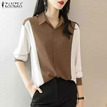 ZANZEA Женская повседневная блузка с отложным воротником и длинным рукавом в стиле пэчворк S розовый