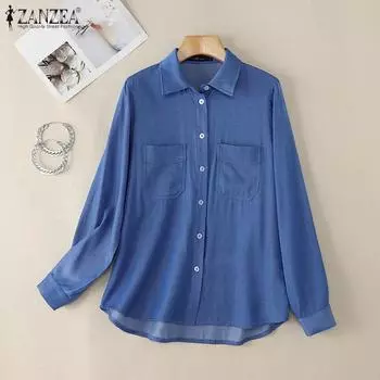 ZANZEA Женская повседневная блузка с отложным воротником и длинным рукавом S темно-синий