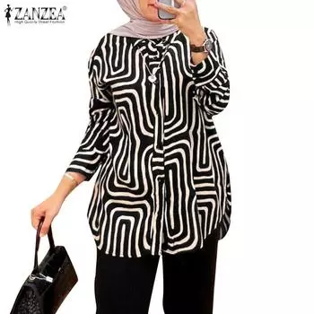 ZANZEA Женская повседневная блузка с отложным воротником и длинным рукавом с принтом S чёрный