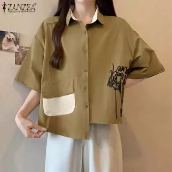 ZANZEA Женская повседневная блузка с отложным воротником и коротким рукавом и неровным подолом белый