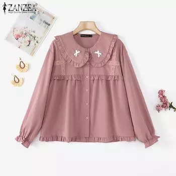 ZANZEA Женская повседневная блузка с отложным воротником и длинным рукавом в стиле пэчворк S белый