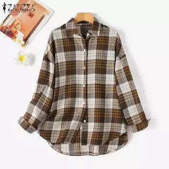 ZANZEA Женская повседневная блузка с отложным воротником и длинным рукавом в сетку с принтом, рубашки 2XL хаки