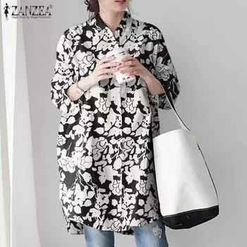 ZANZEA Женская повседневная блузка с отложным воротником и рукавами 3/4 с принтом