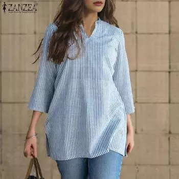 ZANZEA Женская повседневная блузка с полосатым принтом и V-образным вырезом, свободная, рукав 3/4 S синий